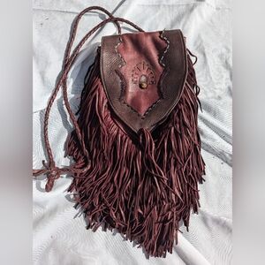 Vintage Custom Red Brown Leather Fringe Crossbody Purse, Western Boho